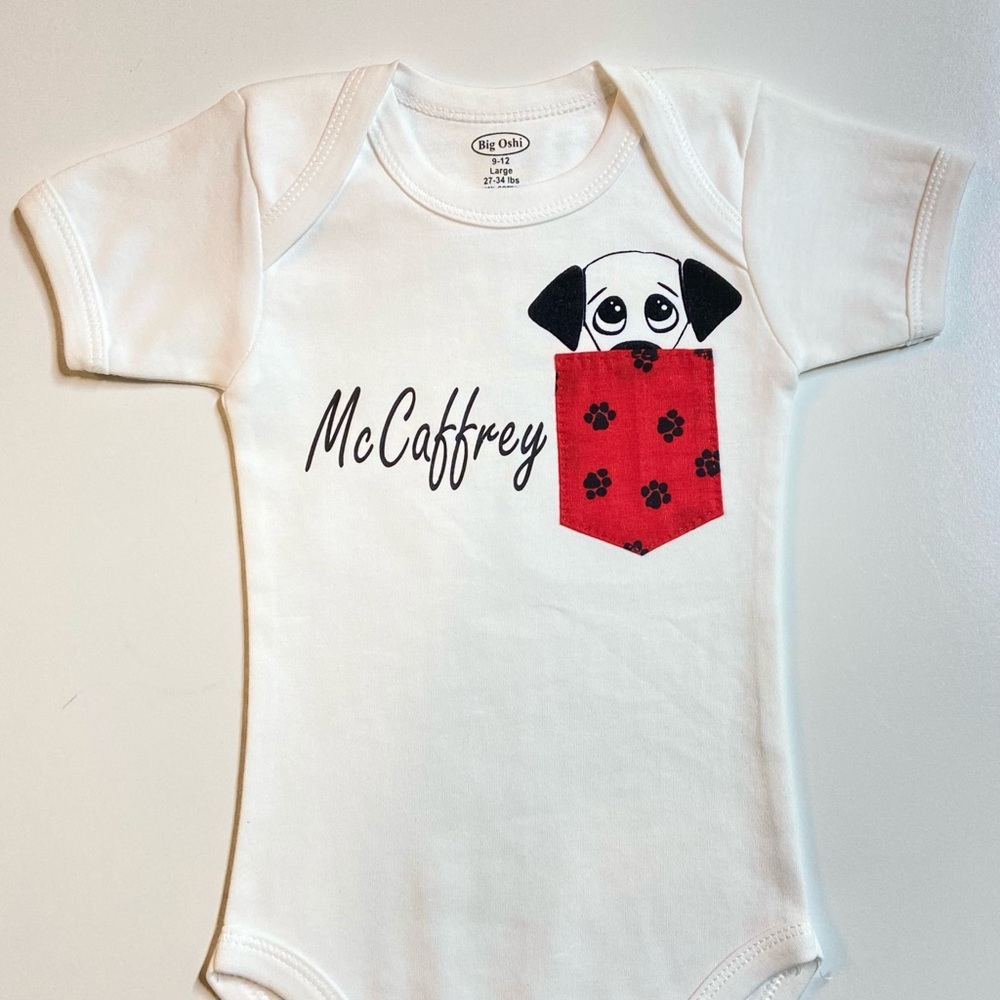 NWT white bodysuit CUSTOM NAME Doggy in a pocket short sleeves